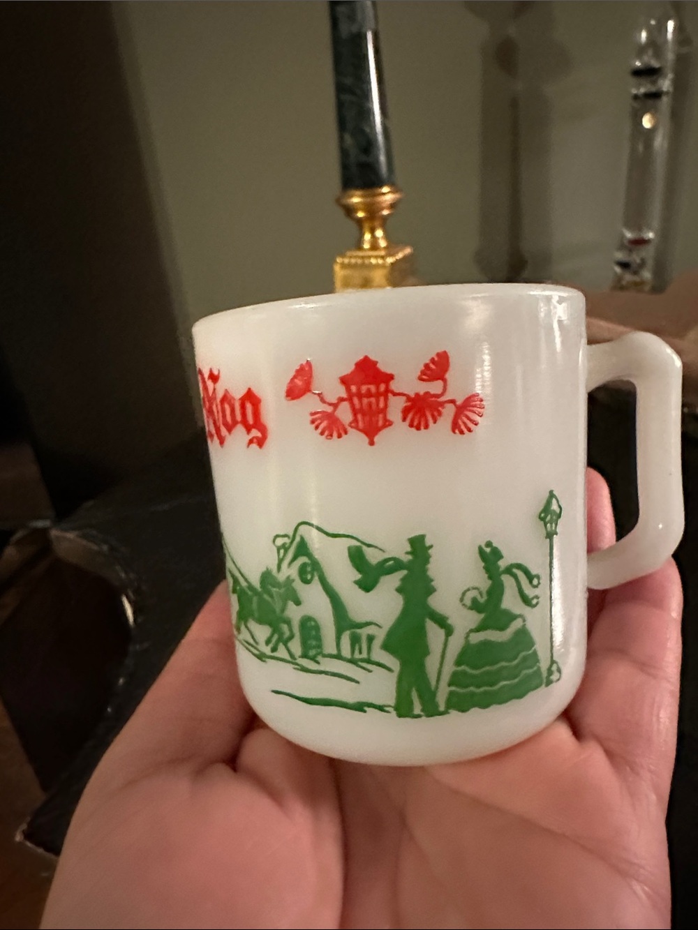 White Milk Glass Holiday Mug with Green and Red Festive Motif
